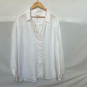 NWT Chico's Alabaster 100% Linen Button Down Tunic with Ruffle Trim